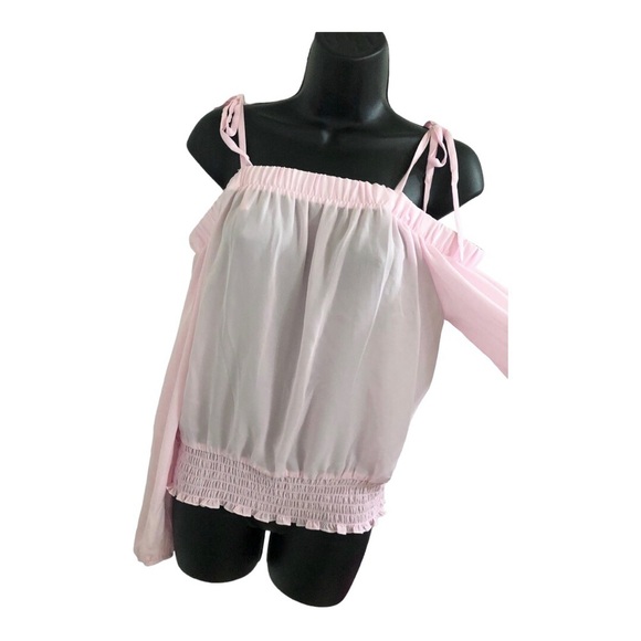 Pink cold shoulder sheer long sleeve smocked cuff waist blouse top size‎ medium - Picture 4 of 10